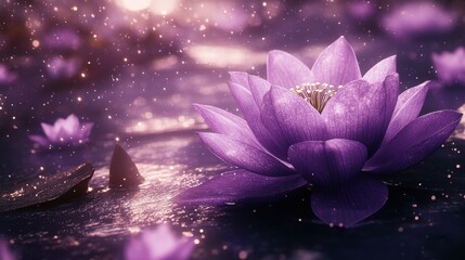 Violet Serenity: A Tranquil Lotus Bloom in Still Waters with Sparkling Light