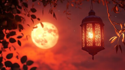 Illuminated lantern under a red moon, night scene, garden