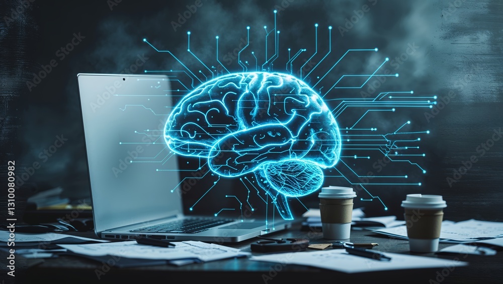 Poster digital representation of a brain with circuit patterns emerging from a laptop during a creative bra