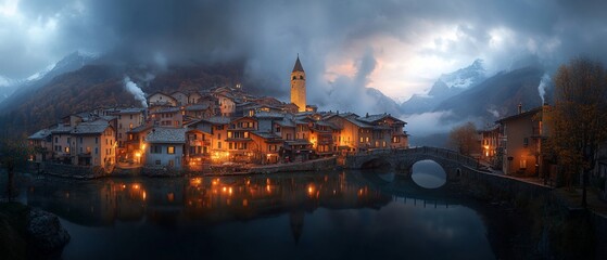 Enchanting village nestled in misty mountains, illuminated at twilight, reflected in calm water