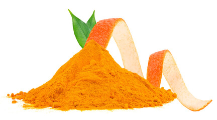 Dried orange powder with fresh orange zest and green leaves of orange fruit isolated on a white...