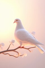 Obraz premium A pure white dove perches gracefully on a delicate flowering branch, illuminated by soft golden sunlight, symbolizing peace and purity