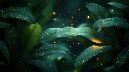 Golden Dust on Lush Jungle Leaves at Night