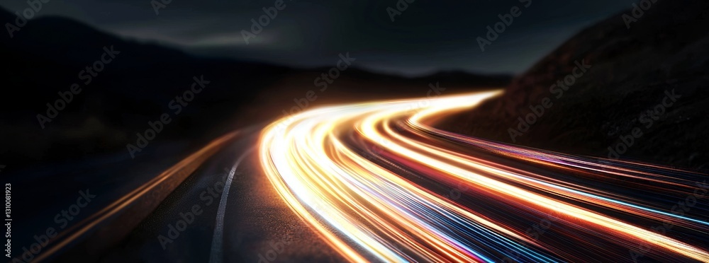 Poster a 3d rendering featuring an abstract panoramic backdrop adorned with radiant neon lines, set within 