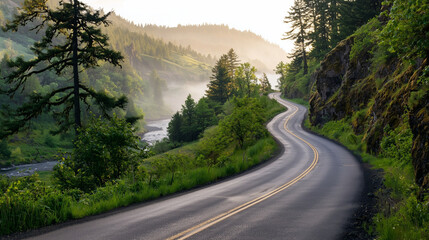 Winding Valley Road Through Rugged Landscape and Lush Slopes