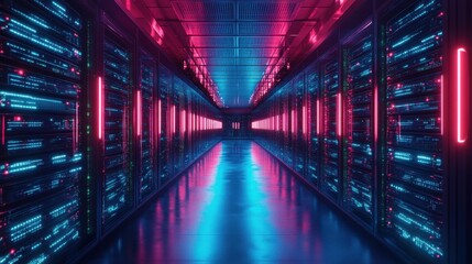 Obraz premium Digital Fortress: Neon-Lit Server Room Showcasing Data Processing and Network Infrastructure