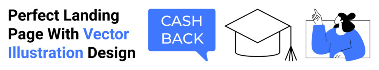 Cashback message bubble, graduation cap, and teacher at a whiteboard giving a lecture or presentation. Ideal for education, offers, promotion, e-learning, innovation, creativity tutorials flat