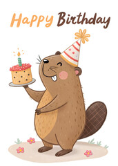 Naklejka premium cute cartoon beaver with wine glass in party hat, happy birthday greeting card