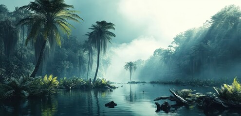 Expansive prehistoric landscape shrouded in fog.