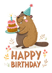 Naklejka premium cute cartoon beaver with cake in party hat, happy birthday greeting card