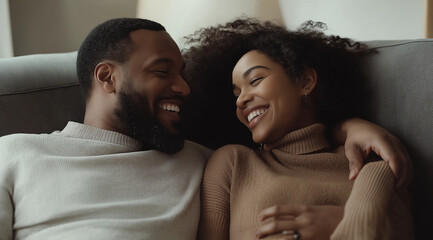 Obraz premium Happy young couple relaxing on a cozy couch, hugging, laughing, and enjoying quality time together. A heartwarming moment of love, romance, and relaxation in a warm and comfortable home setting