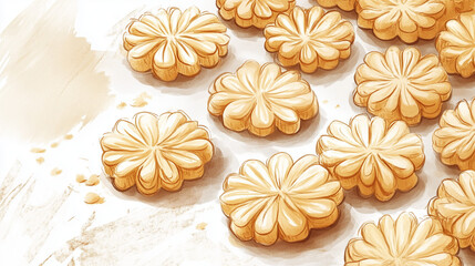 vintage-style illustration of spritz cookies, with intricate linework and warm tones, capturing the timeless elegance and festive nature of these traditional cookies in an old-world culinary style