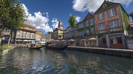 Quaint European Canal Town; Gondolas on water; cafes and shops; sunny day