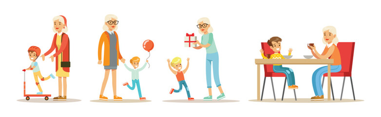 Grandparent with Boy Kid Spend Time Vector Set