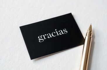 Black "Gracias" card with gold pen on white
