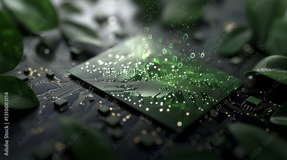 Poster the image is a 3d render of an abstract background that incorporates a microchip radiating a vibrant