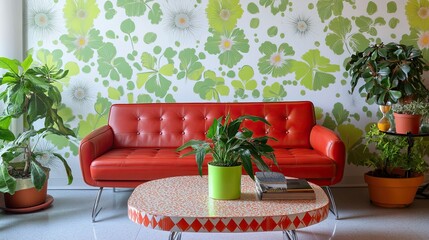 A cheerful retro-themed living room with bold floral wallpaper in neon green