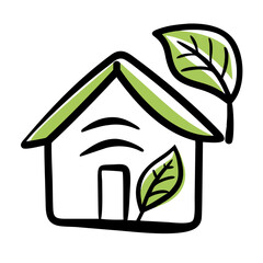 Eco-house icon with green leaves, sustainable living concept