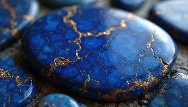 Smooth blue lapis lazuli stone with illuminated golden veins, soft light. Gemstone background for vibrant interior design, home decor. Natural beauty, geology, mineralogy wallpaper. Stone surface,