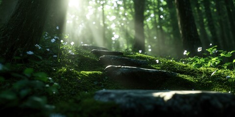 serene forest pathway with vibrant greenery and soft sunlight filtering through trees creates peaceful atmosphere