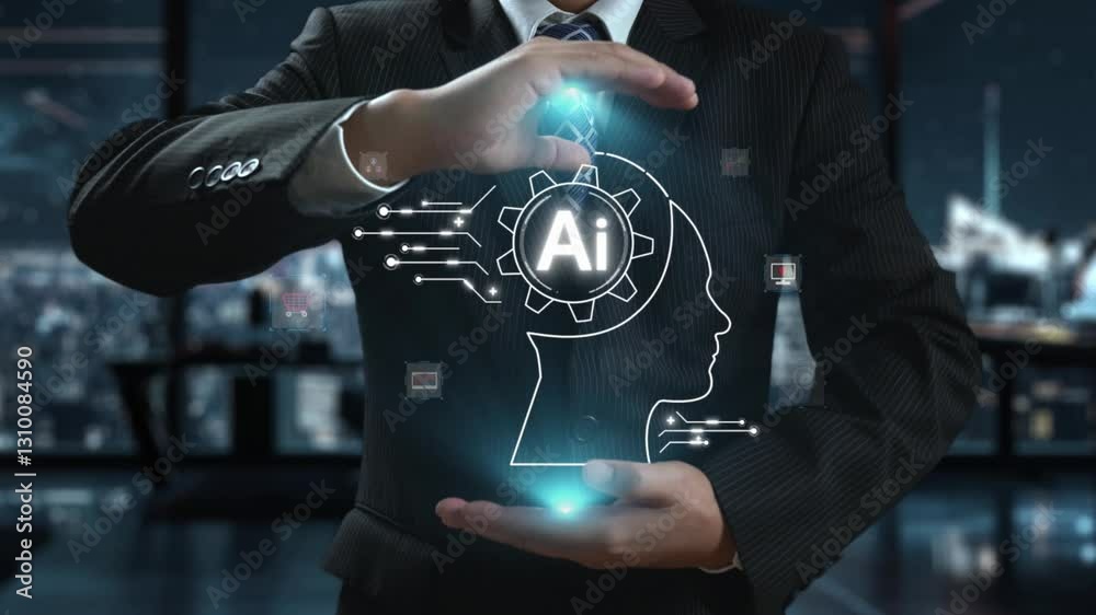 Poster human interact with ai artificial intelligence brain processor in concept of ai artificial intellige