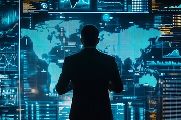businessman studying trade graphs on screens for global finance  
