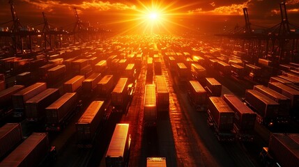 Obraz premium sprawling freight hub with rows of trucks and cargo containers at sunset, creating dramatic and vibrant scene