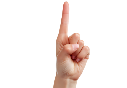 Woman hand gesturing number one isolated on studio shot sign body part on transparent background