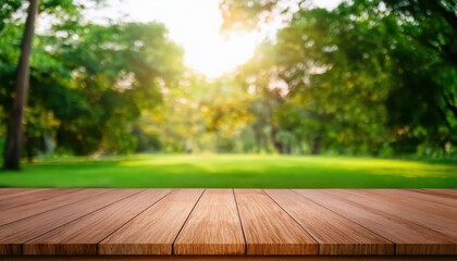 Tranquil Park Scene Brown Wood Table Amidst Lush Green Blur of Nature in a Vibrant Autumn Mood, Capturing the Essence of Peace and Serenity.