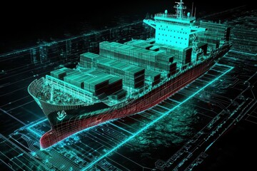 Fototapeta premium Aerial view of smart cargo ship with containers in modern logistics 