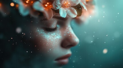 Portrait of a girl adorned with flowers in a mystical atmosphere with soft glowing particles in the background