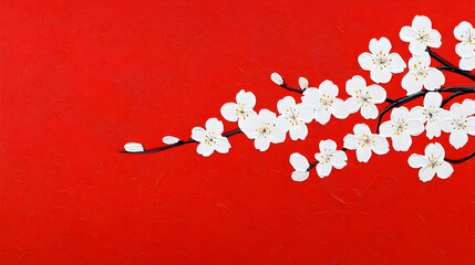 White Cherry Blossom Branch on Vibrant Red Background Canvas Art
