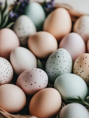 Colorful decorated eggs arranged in a basket with flowers, perfect for spring celebrations and egg hunts