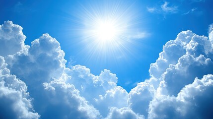 Bright Sun Bursting Through Puffy White Clouds Against a Vivid Blue Sky