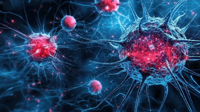 Vibrant illustration of a red cancer cell against a blue backdrop.