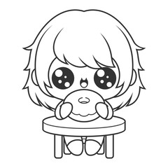 Fototapeta premium Little girl eating a donut, for coloring