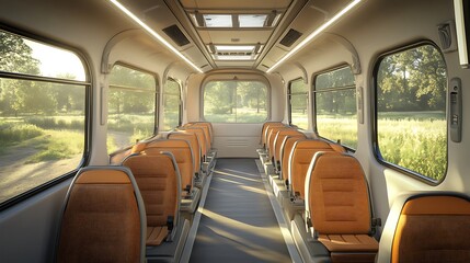Fototapeta premium Modern bus interior, countryside view, sunrise, transportation