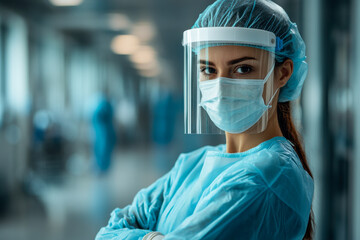 Professional female healthcare worker wearing protective gear, including a face shield and surgical mask, in a medical facility