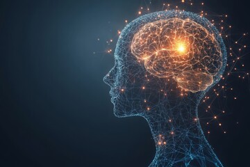 A human head in profile on a dark background, featuring a coding and programming interface