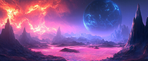 Alien landscape with pink grid, fiery sky, and blue planet, showcasing a surreal, otherworldly scene ideal for sci-fi or fantasy projects