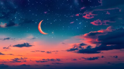 Night sky with crescent moon and colorful clouds. Possible use Astronomy, nature wallpaper