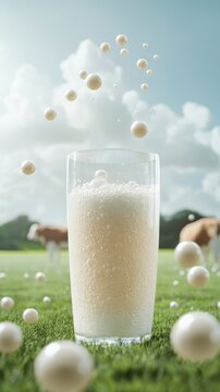Natural Health Elixir: Bovine Collagen Drink with Creamy Texture and Grazing Cow in Green Pasture