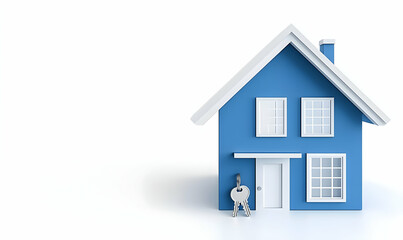 Bright Blue House with Key on White Background for Real Estate Concepts