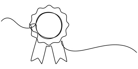 Continuous one line shape award isolated vector illustration, Award badge continuous line art drawn. Approval check sign. Certificate contour line. Vector illustration isolated on white. © line pro
