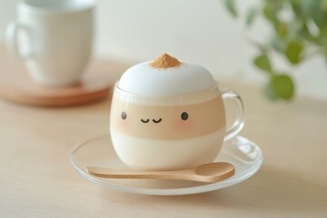 Kawaii Collagen Latte Art in Glass Cup with Wooden Spoon on Saucer - Comforting and Healthy Beverage Concept