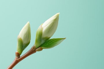 Obraz premium Delicate magnolia buds emerging against a serene pastel background in springtime