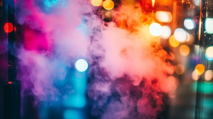 Fototapeta premium Colorful smoke filling nightclub with blurred lights in background