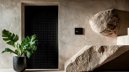 modern architectural facade featuring sleek black door, stone elements, and large green plant, creating serene atmosphere