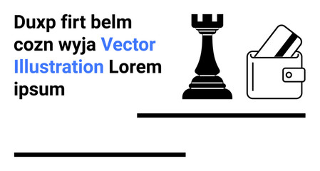 Chess rook piece next to a wallet with cards, accompanied by placeholder text. Ideal for financial strategy, investment, budgeting, savings, wealth management, financial planning, and economics