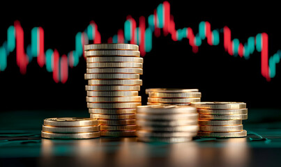 Stacks of Gold Coins with Financial Graph Background for Investment Theme